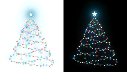 Colorful glowing Christmas tree formed by flowing string lights with multicolor bulbs isolated on transparent background. Isolated on transparent PNG overlay
