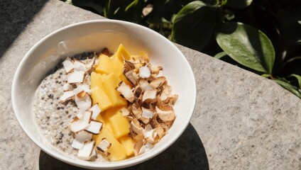 Bowl of chia pudding with mango, coconut, and shiitake