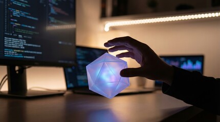Hand interacting with glowing digital cube symbolizing data, innovation, and futuristic computing technology