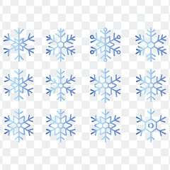 A large collection of diverse blue snowflake vector icons for winter and Christmas designs, on white background