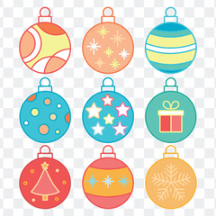 A large collection of colorful vector Christmas balls with various patterns for holiday designs and decoration.