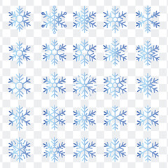 A large collection of diverse blue snowflake vector icons for winter and Christmas designs, on white background