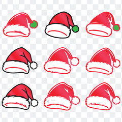 A diverse hand-drawn collection of red Santa Claus hats for Christmas and New Year designs. 