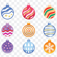 A large collection of colorful vector Christmas balls with various patterns for holiday designs and decoration.