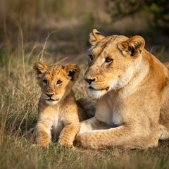 Obraz premium Majestic lioness rests closely beside her curious and adorable young cub in the warm golden light of the African savanna