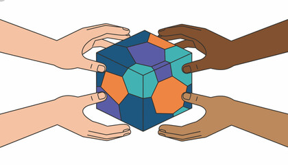 Global Collaboration: Diverse Hands Holding Intricate Cube