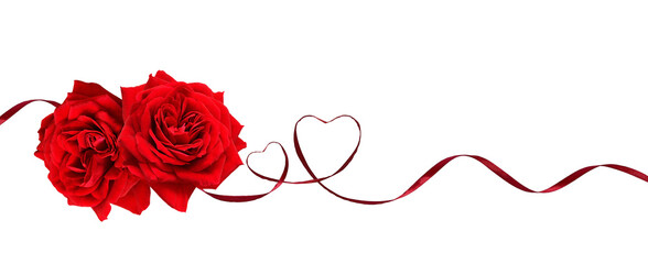 Red rose flowers in a line arrangement with satin ribbon hearts isolated on white or transparent background for Valentine Day.