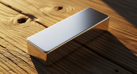 Fototapeta premium A polished silver ingot rests on a rustic wooden surface, bathed in warm, directional sunlight that casts long shadows