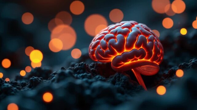 Video A brain glowing with light sits atop a pile of earthy dirt, ideal for scientific or futuristic s