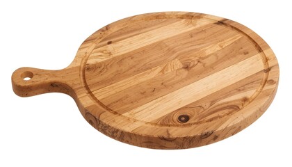 A clear PNG picture of a circular serving board made of natural wood with a handle is offered. It is nicely isolated on a clear background.