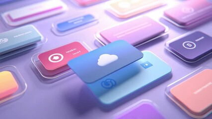 A colorful array of buttons and icons, including a cloud icon. Minimal floating interface windows representing ai guided therapy tools, ai driven mental health tools - Powered by Adobe