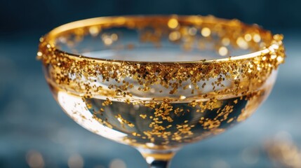 A clear glass filled with a sparkling drink features golden decorations around the rim. This drink is suitable for celebrations during parties or special events.