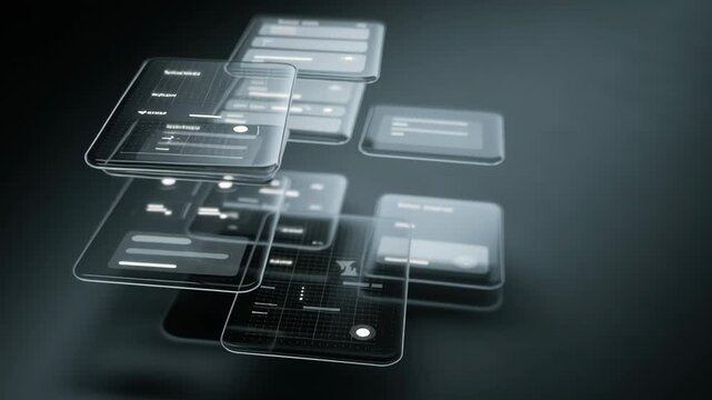 A series of cell phones are shown in a 3D image. The phones are all different sizes. Minimal floating interface windows representing ai guided therapy tools, ai driven mental health tools