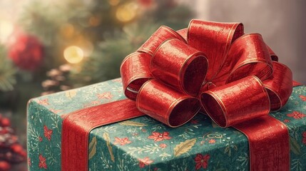 A red gift box tied with a red ribbon sits on a table in a Christmas-themed room.