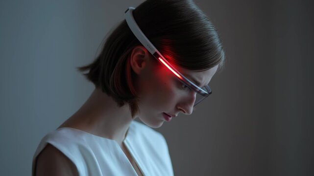A woman wearing a pair of glasses with red lights on them. The glasses are on her face. Minimal wearable device for ai mental tracking glowing subtly, ai driven mental health tools