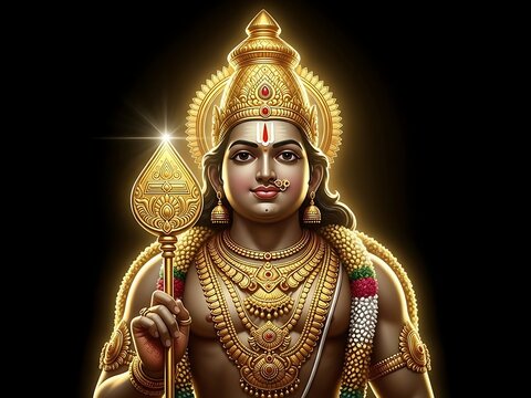 Lord Murugan Karthikeya, the Hindu deity. Features the iconic Vel spear and peacock, symbolizing victory, power, and Tamil spiritual culture