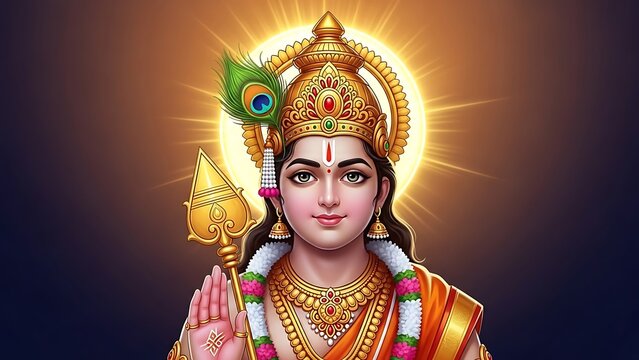 Lord Murugan Karthikeya, the Hindu deity. Features the iconic Vel spear and peacock, symbolizing victory, power, and Tamil spiritual culture