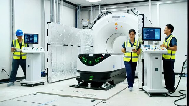 Two workers in safety vests and protective gear inspect a device using a tablet and plans