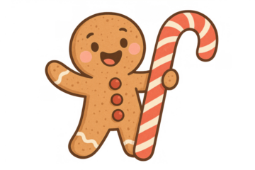 Gingerbread man cookie holding a candy cane, smiling, celebrating holiday season, seasonal sweet dessert character graphic