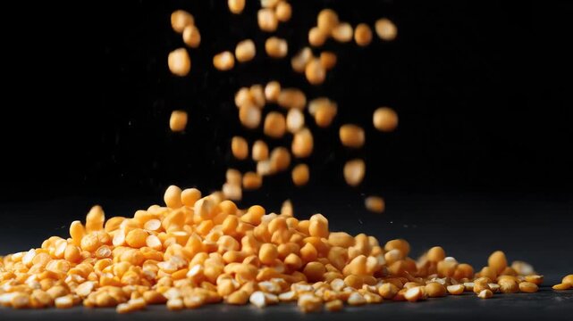 Droplets of yellow corn kernels falling gracefully against a dark background during a food preparation scene