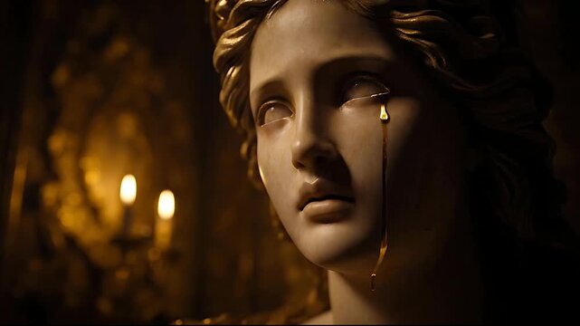 Golden Tears on Crying Marble Statue Face in Dark Interior with Candles