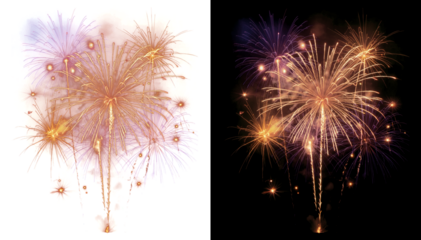 Festive purple and gold fireworks bursts with sparkling radiant light isolated on transparent background. Isolated on transparent PNG overlay
