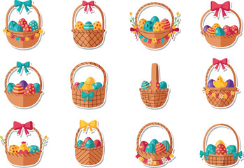 Fototapeta premium Colorful Easter Basket Collection Vector Illustration with Decorative Eggs and Ribbons