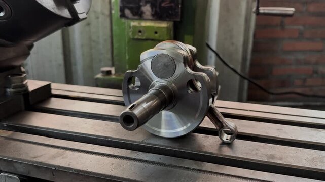 The crankshaft and connecting rod are placed on an industrial workbench in a workshop environment. Motorcycle Machine Part	