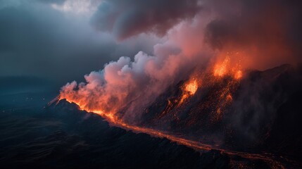 Fototapeta premium Fire flows from the top of a volcano down the side of a mountain as dark clouds fill the sky. The scene shows intense activity and strong colors in the evening light.