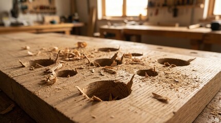 Close-up of drilled wooden plank with wood shavings on workbench in workshop