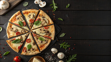 Fresh pizza with mushrooms and tomatoes on a wooden table with herbs and cheese