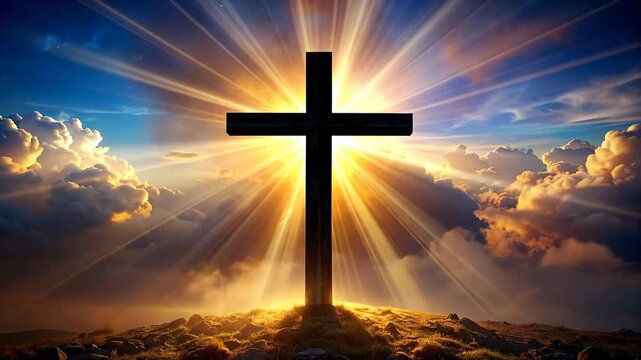 Dramatic Religious Symbol of Cross Silhouetted Against Radiant Sunrise with Sunburst Effect