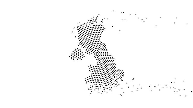 United Kingdom Map Forming from Flying Dots in Gray to Black