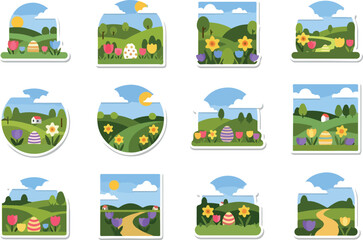 Obraz premium Springtime Meadow Stickers Vibrant Easter Egg Hunts and Floral Landscapes