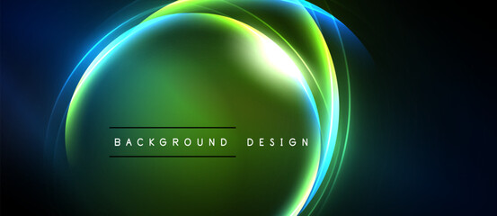 Abstract neon glow. Circular layers blend blue, green, yellow hues. Dark background emphasizes vibrant light effects. Modern design element.