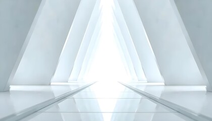 Futuristic White Walkway Leading Toward A Bold Angular Architectural Form