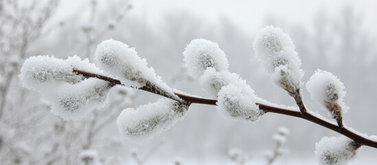 Close up on frosted willow buds in soft winter daylight with a blurred snowy background