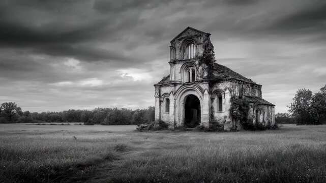 Old stone church stands alone in a field under cloudy skies, showcasing its historical architecture and natural surroundings