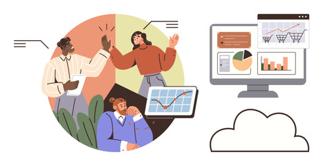 Professionals celebrate teamwork with digital devices, analytics, and graphs, accompanied by a computer displaying charts. Ideal for teamwork, data, business, collaboration, analytics tech cloud