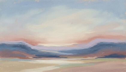 Fototapeta premium Soft pastel abstract landscape painting featuring muted pink, purple, and blue colors blending across gentle hills and wide open sky, evoking sense of peace and tranquility