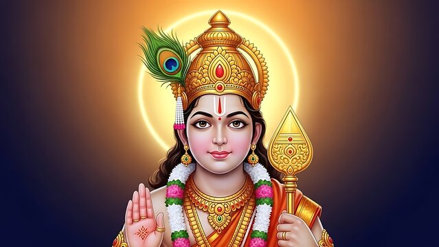 Lord Murugan Karthikeya, the Hindu deity. Features the iconic Vel spear and peacock, symbolizing victory, power, and Tamil spiritual culture