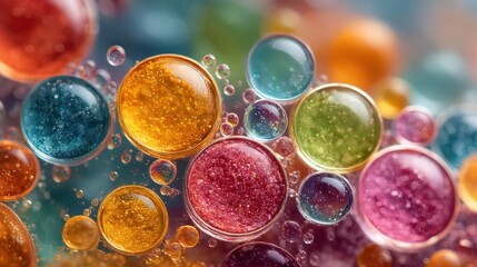 Colorful bubbles suspended in a vibrant, abstract background create a playful visual effect with shiny, reflective surfaces