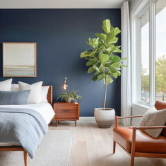 Cozy contemporary bedroom with blue wall and green plant