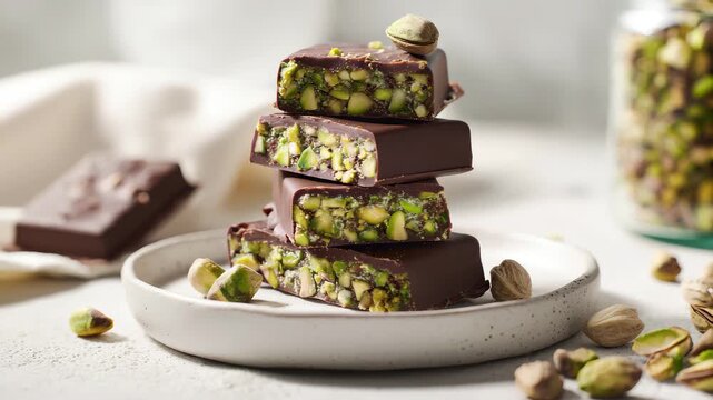 Stack of dark chocolate pistachio bars on a white plate with scattered nuts candy sweet