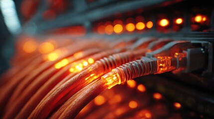 Colorful ethernet cables connected to a networking hub glowing in a data center environment