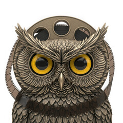 Fototapeta premium Bronze Owl with Film Reel Headpiece on White Background