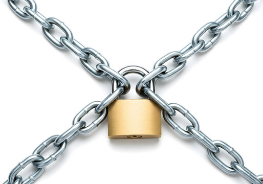Metal chains crossed and secured with a padlock isolated on white background, symbolizing security, protection, restriction, safety, data privacy, strength, control, and access limitation concepts