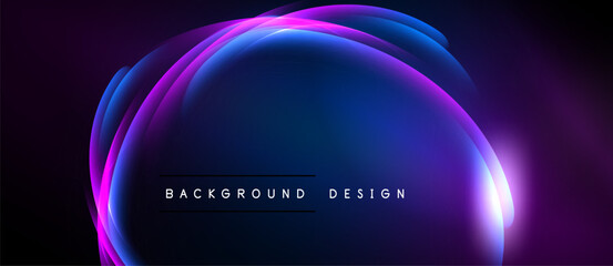 Abstract glowing layers create dynamic circular form. Dark background emphasizes vibrant purple, blue hues. Text reads background design.