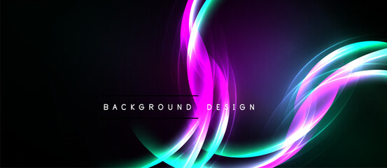 Abstract vibrant curves flow across dark background. Bright magenta, teal, turquoise create dynamic visual effect. Modern design element.