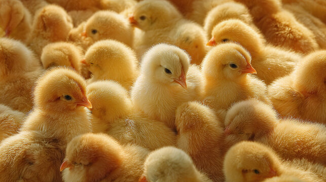 A dense group of fluffy yellow chicks huddles together in soft warm light.